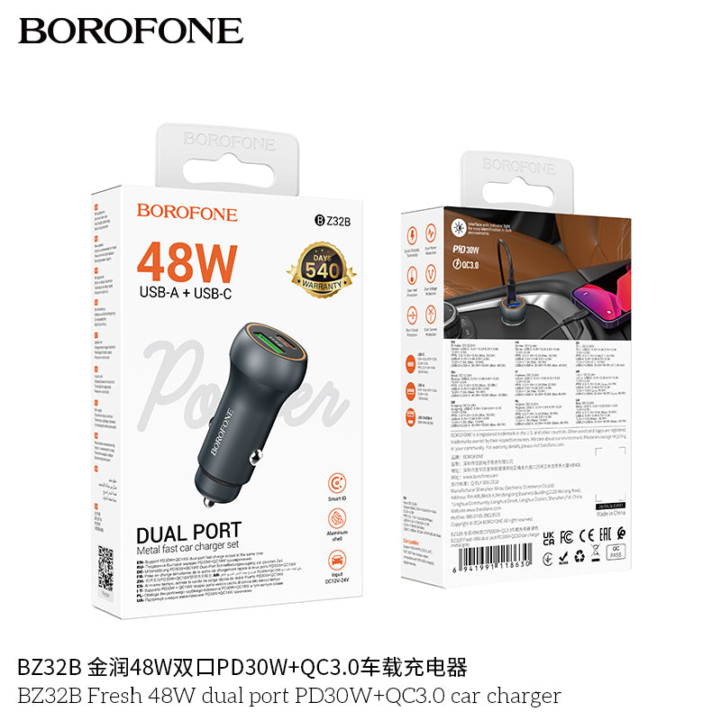 Borofone BZ32B Fresh 48W Dual Port PD3OW+QC3.0 Car Charger