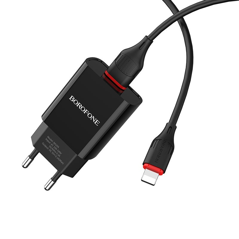 BA20a Sharp Single USB Port Wall Charger (EU) With Lightning Cable Wire.